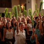 Congregation Holding Palm Branches During Palm Sunday Service