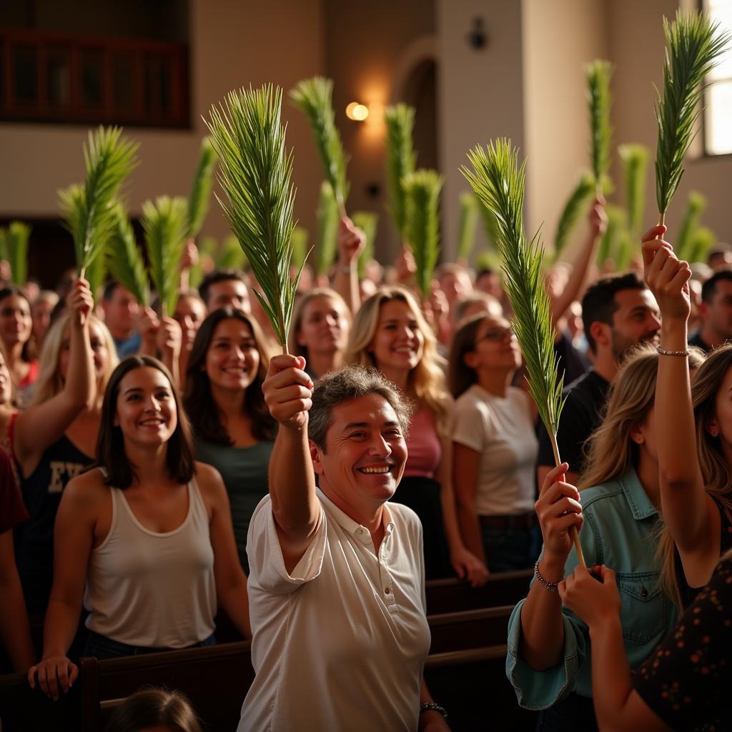 Congregation Holding Palm Branches During Palm Sunday Service