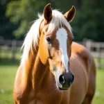 A palomino horse showcasing its distinctive golden coat, white mane, and tail.