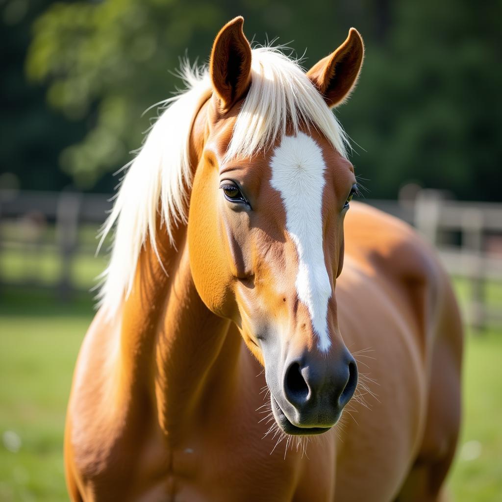 A palomino horse showcasing its distinctive golden coat, white mane, and tail.