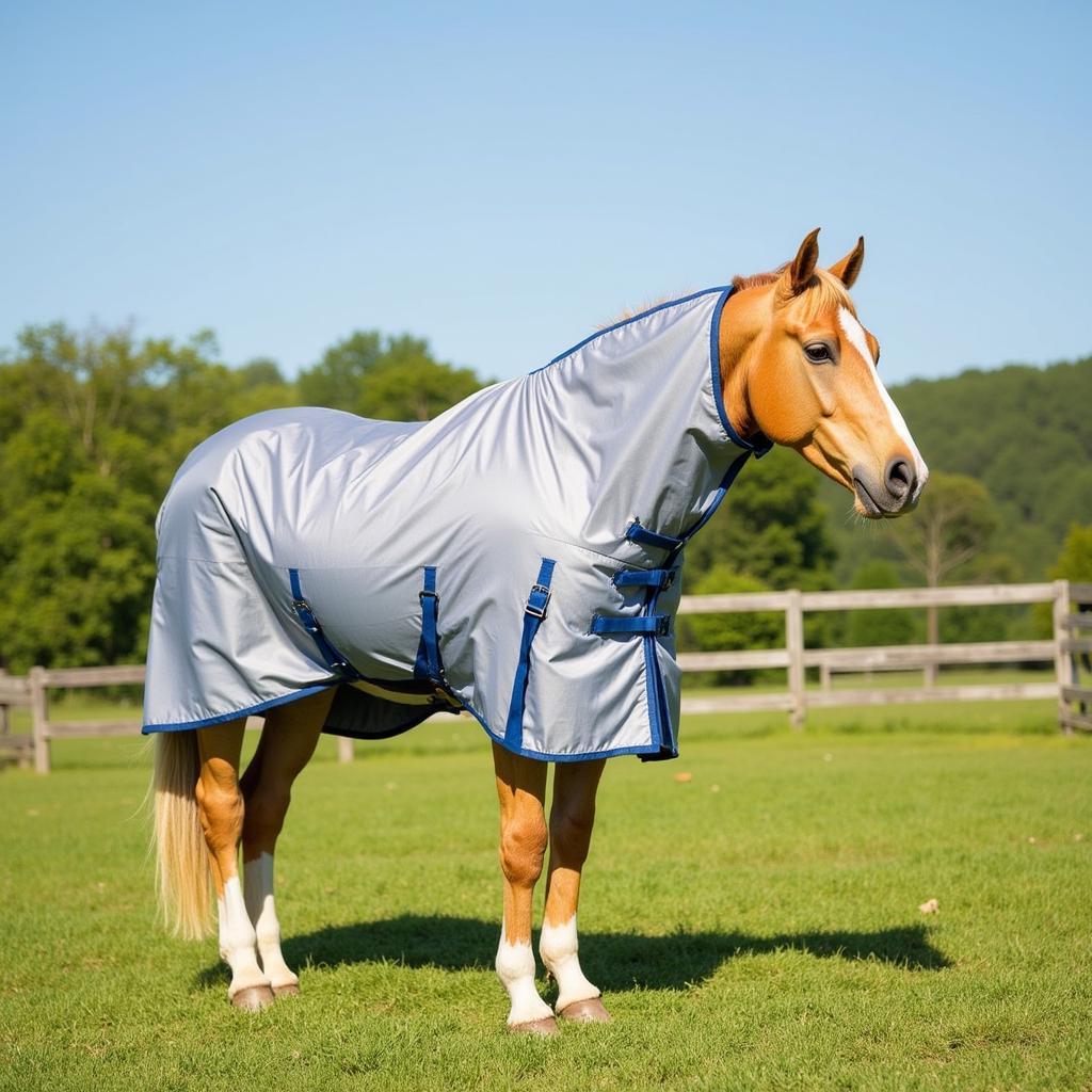 A palomino horse wearing a fly sheet for sun protection.