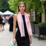 Stylish woman in black dress with pastel pink scarf and mint green handbag