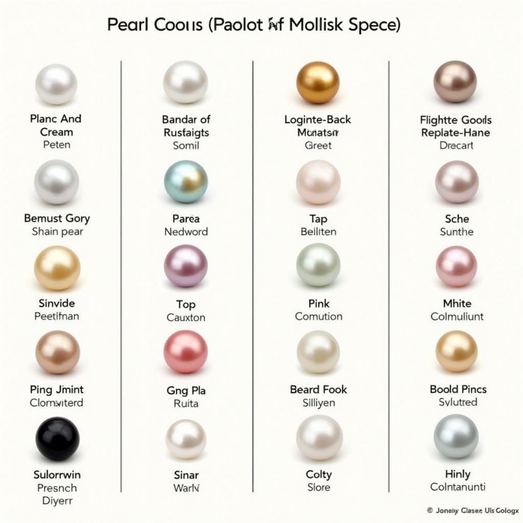 Pearl color chart showing different types of mollusks and their corresponding pearl colors