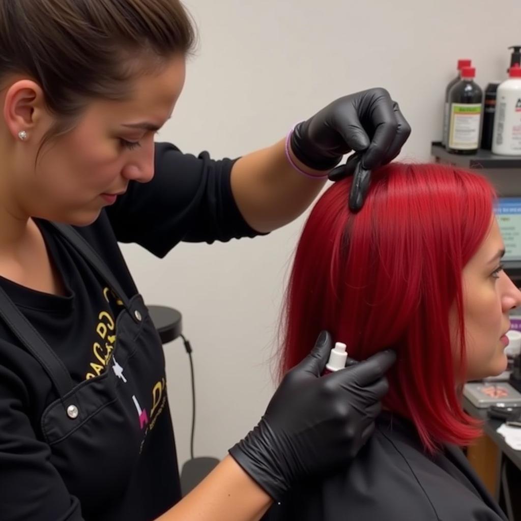 Perming colored hair process involves careful application of perm solution