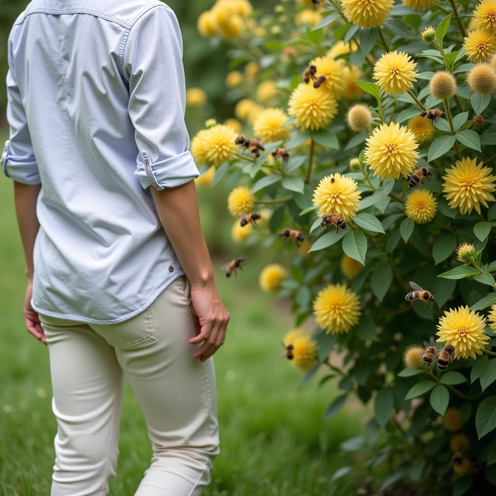 Person Wearing Light-Colored Clothing Near Bees