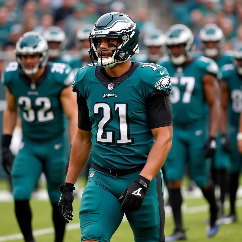 Philadelphia Eagles players in their midnight green uniforms