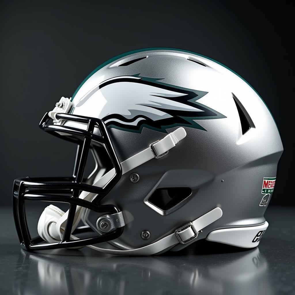 Close-up of a Philadelphia Eagles silver helmet.