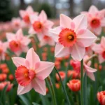 Pink and Coral Daffodils in a Spring Garden