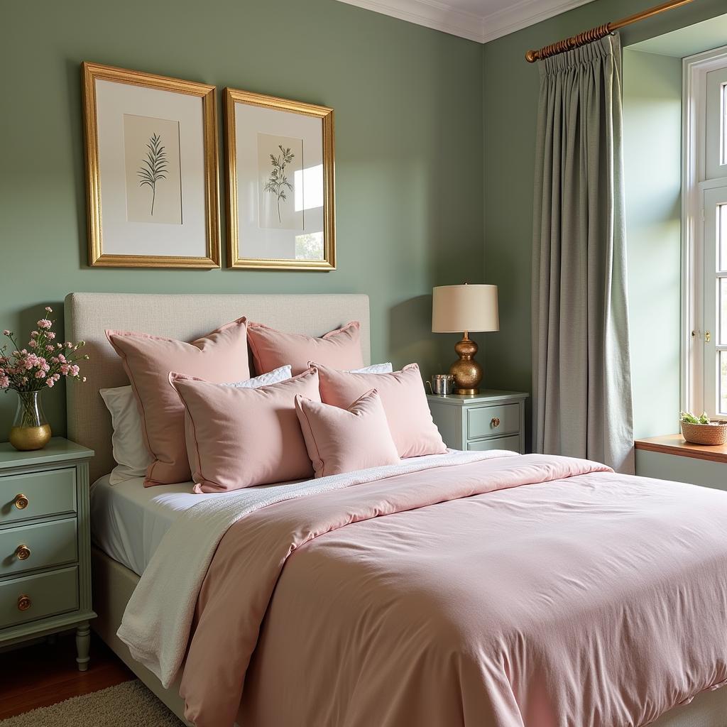 Pink Bedding with Green Walls