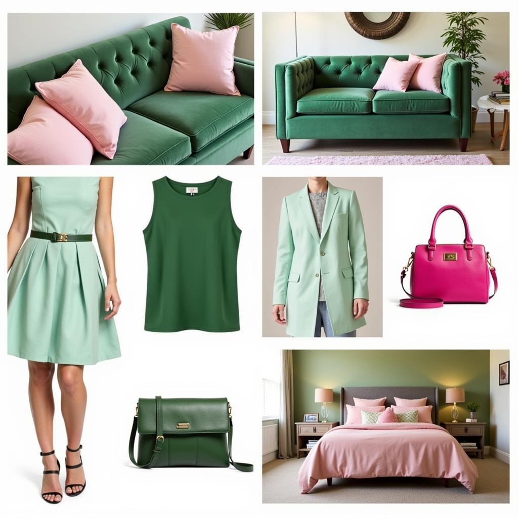 Different shades of pink paired with various greens in interior and fashion design.