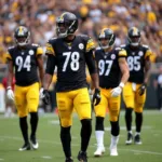 Pittsburgh Steelers players in their iconic black and gold uniforms