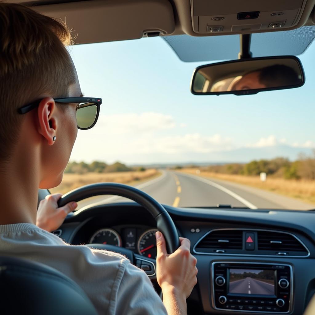 Polarized sunglasses reducing glare while driving on a sunny day.