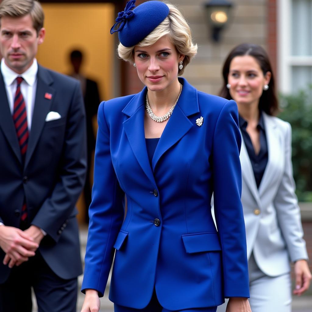 Princess Diana in a royal blue suit.