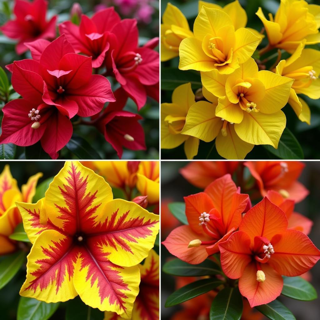 Rare bougainvillea colors like red, yellow, and variegated.