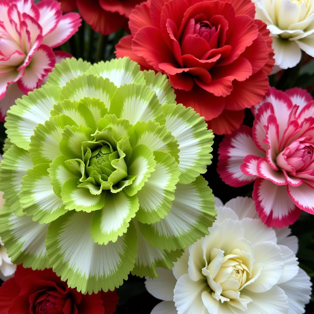 Rare and unique carnation colors, including green, striped, and bi-colored varieties.