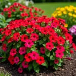 Red and Bicolor Vinca Flowers in a Garden Setting