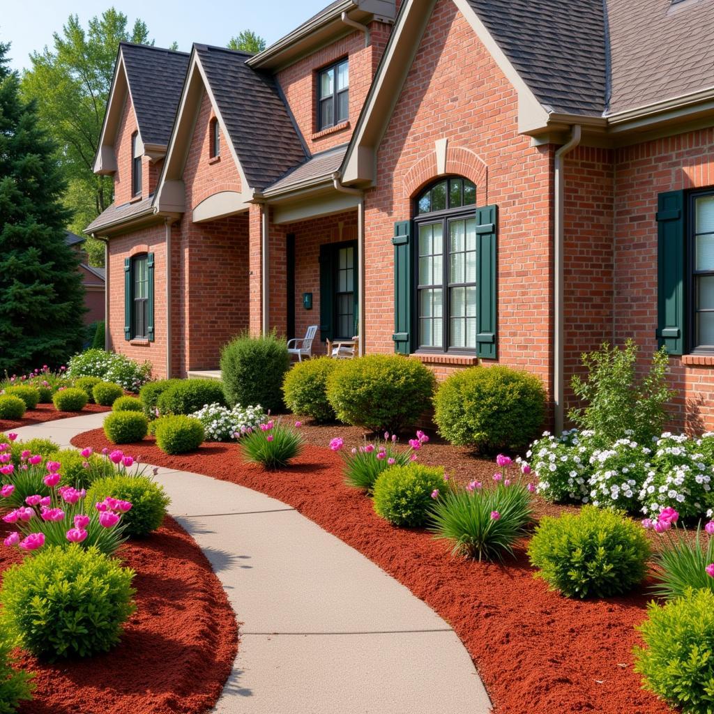 Red mulch complementing a brick house and colorful flowers