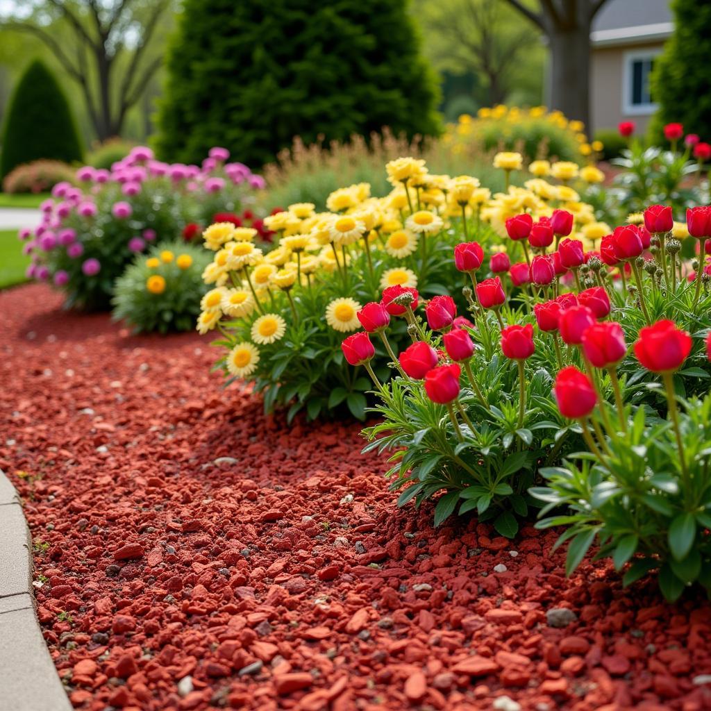 Red Mulch Enhances a Vibrant Flower Bed