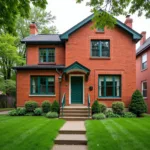 Red-orange brick house with dark green trim and white accents