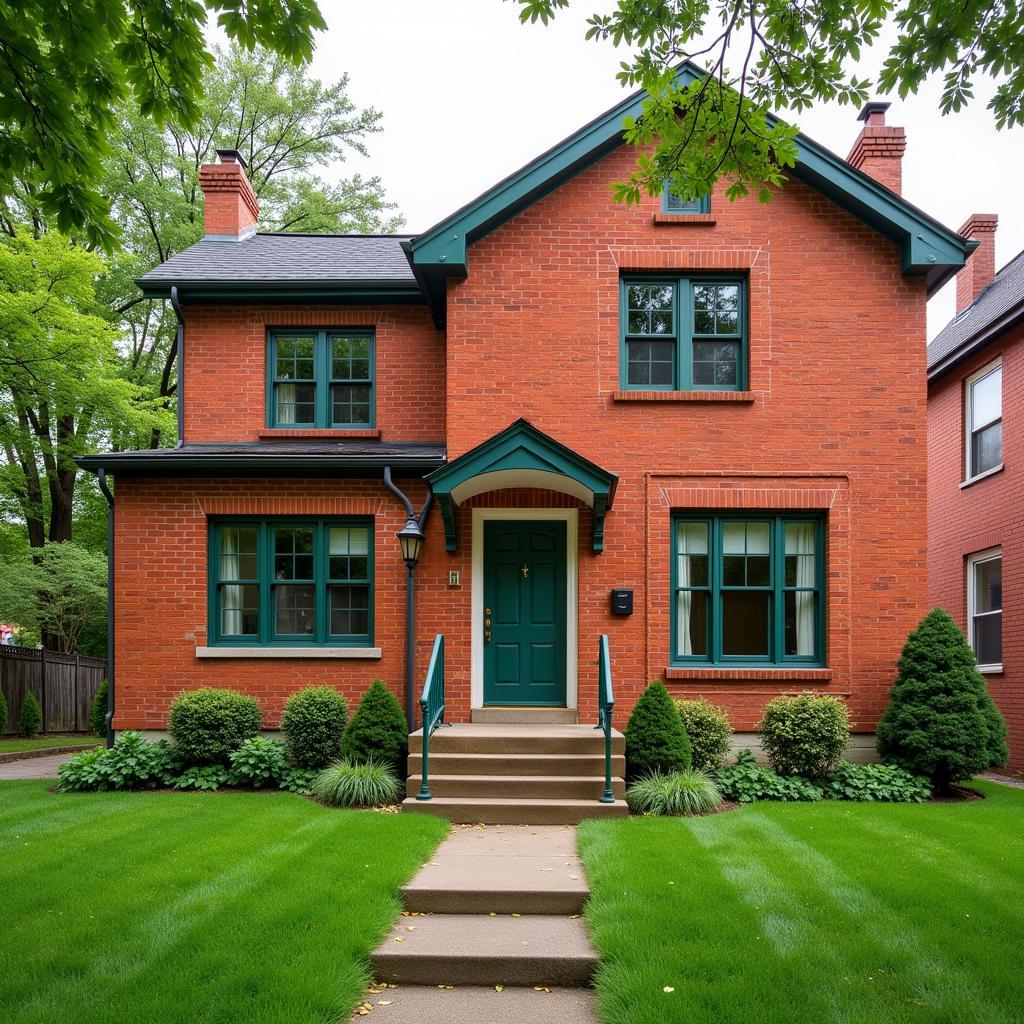 Red-orange brick house with dark green trim and white accents