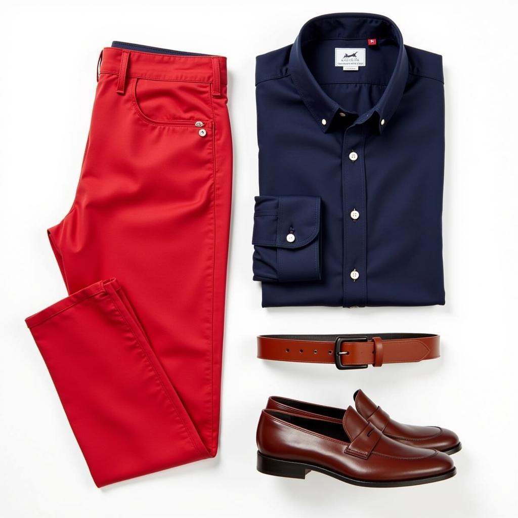 Red pants and navy blue shirt outfit inspiration