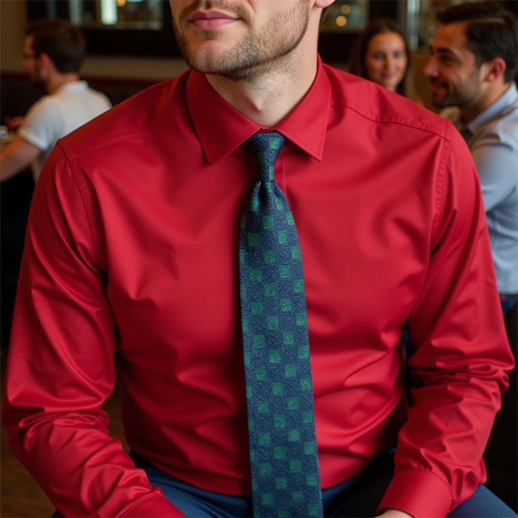 Red Shirt Patterned Tie Casual Look