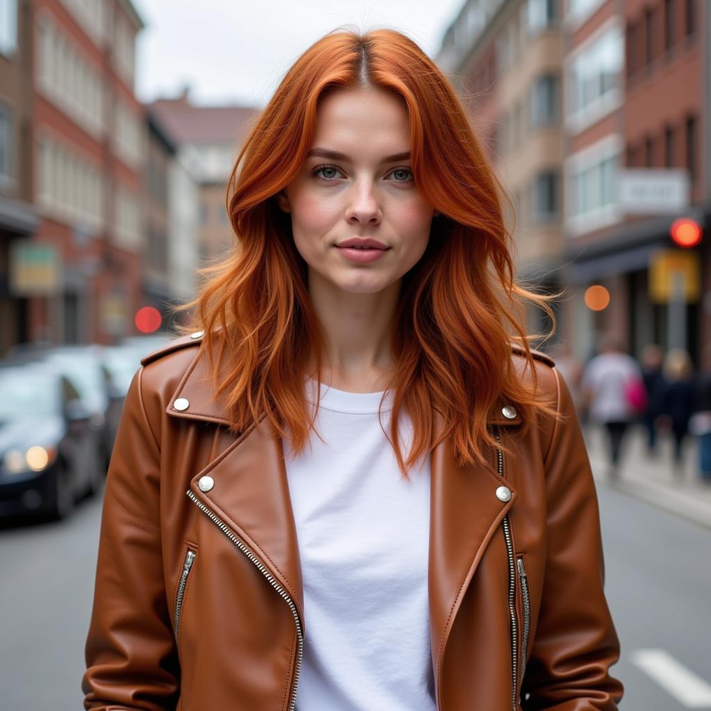 A redhead wearing a stylish brown leather jacket