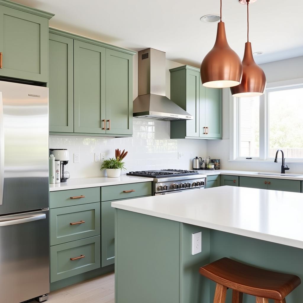 Sage Green Kitchen with Copper Accents