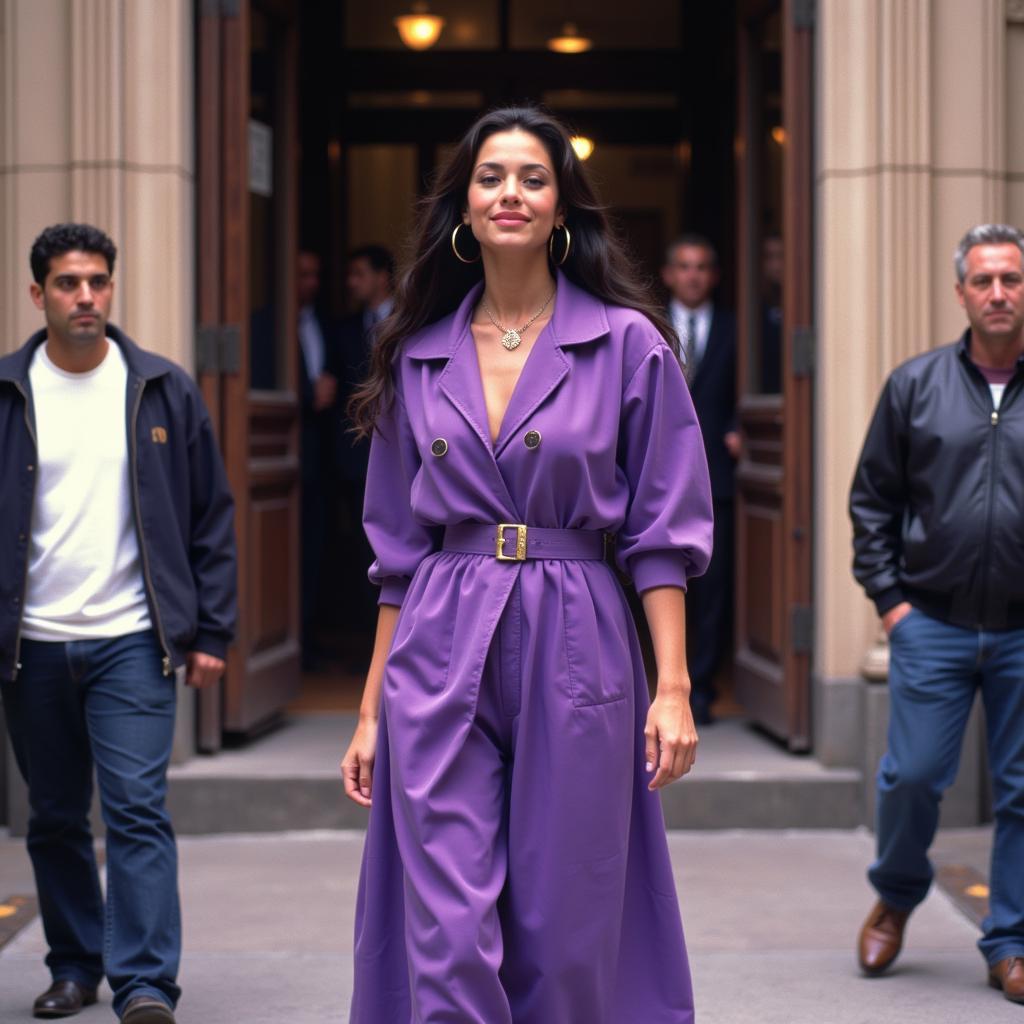 Selena Quintanilla wearing a purple outfit, showcasing her love for the color.