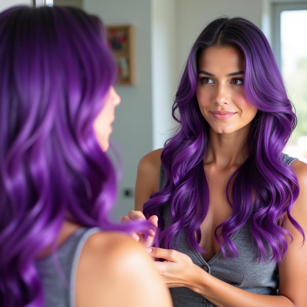 Semi-Permanent Hair Color Damage: A woman with vibrant purple hair looks in the mirror, examining her hair's health and shine.