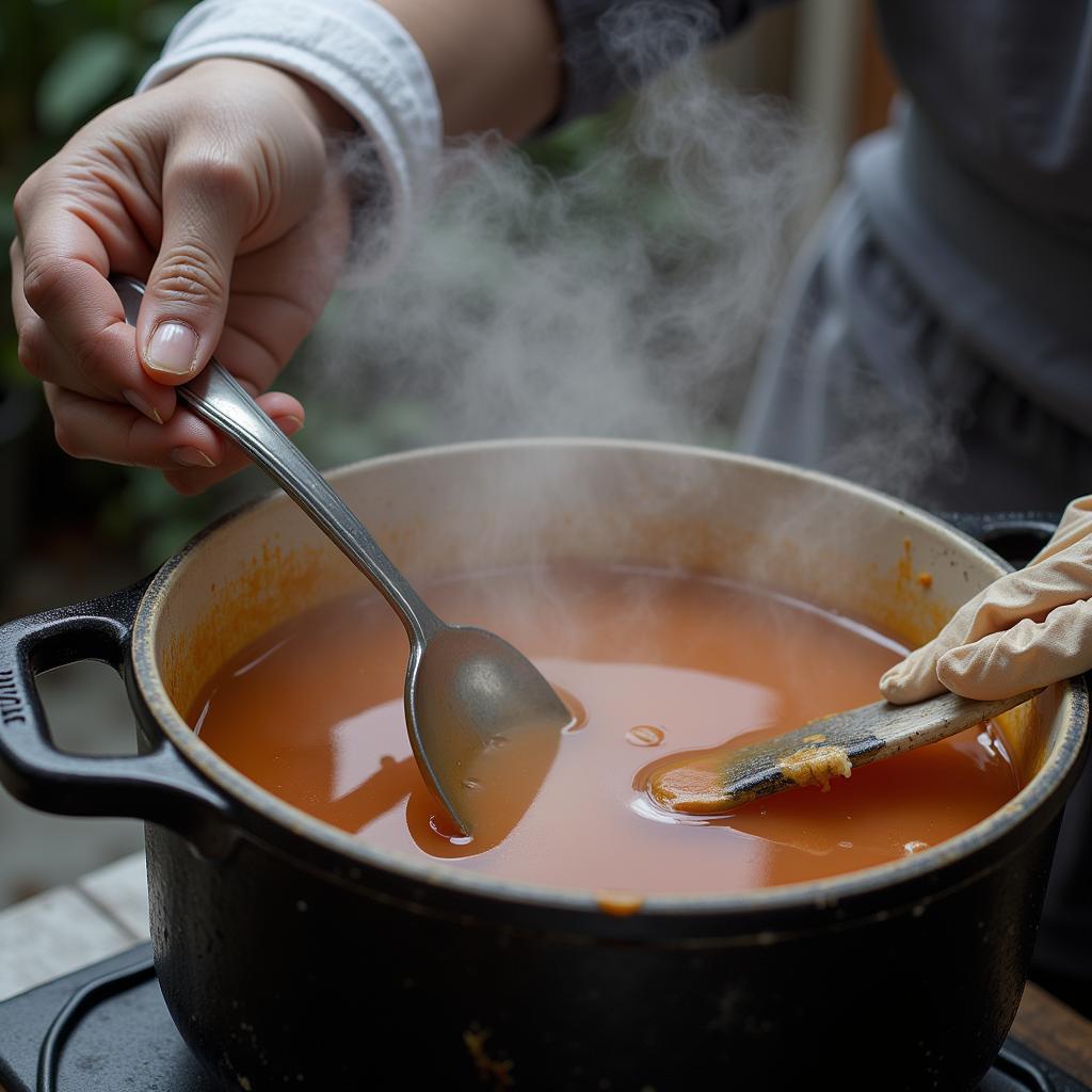 Stirring Dye Bath with Nylon Fabric