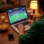 Streaming a Colorado game on a laptop with snacks and drinks nearby