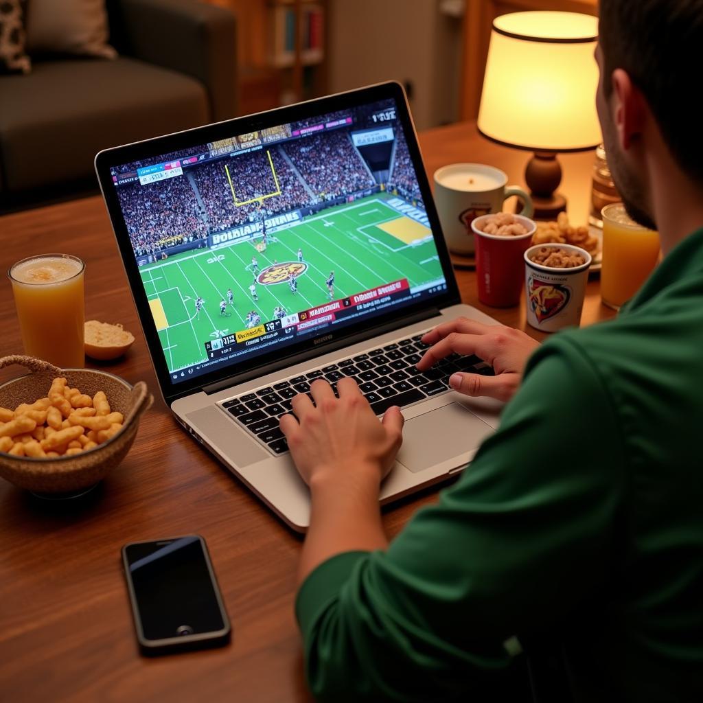 Streaming a Colorado game on a laptop with snacks and drinks nearby