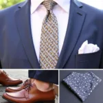 Close-up of a man's summer wedding suit accessories: tie, pocket square, and shoes