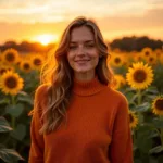 Woman in an orange sweater at sunset in a sunflower field