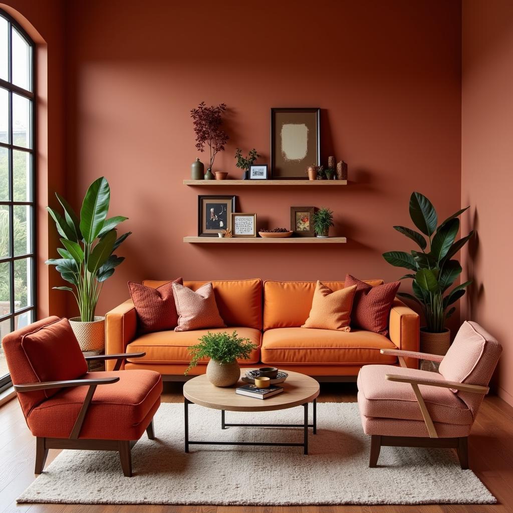 Terracotta color palette in a living room setting.