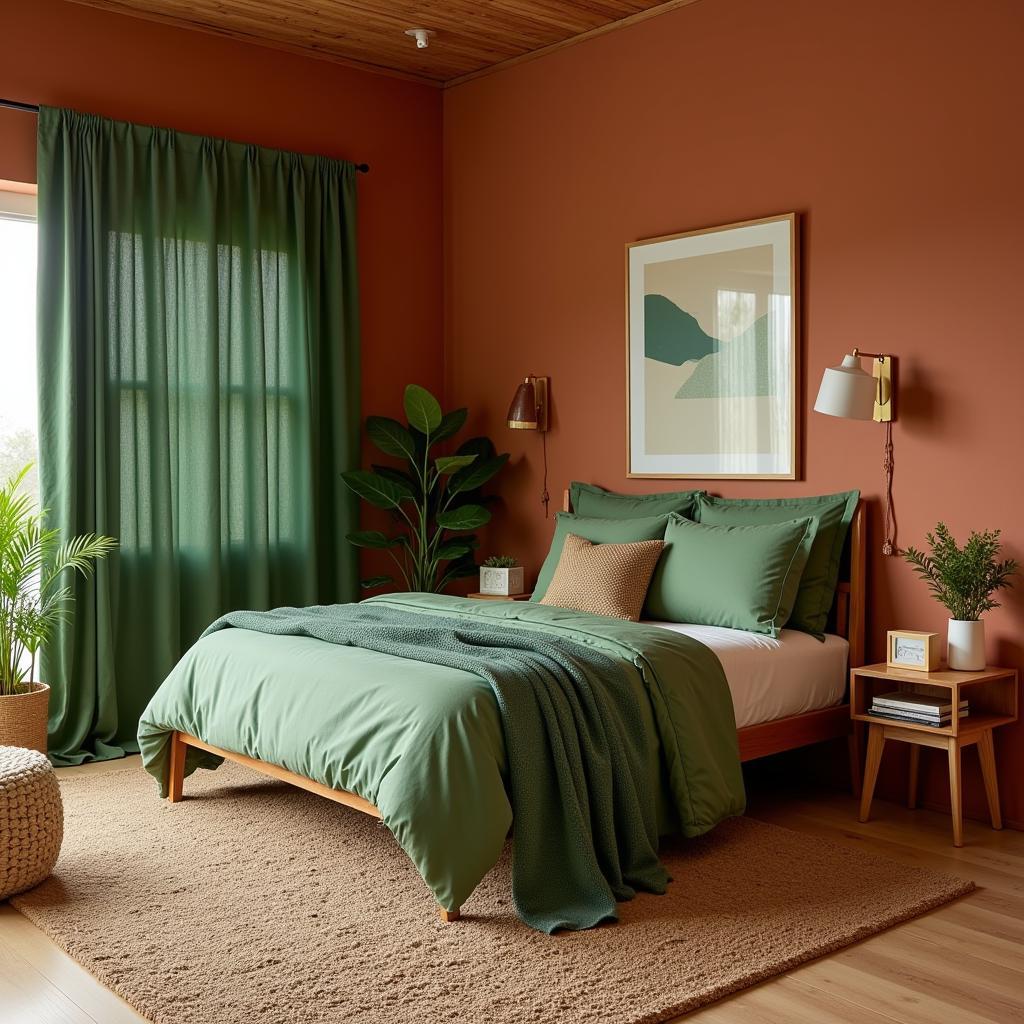 Terracotta and green combined in a bedroom décor.