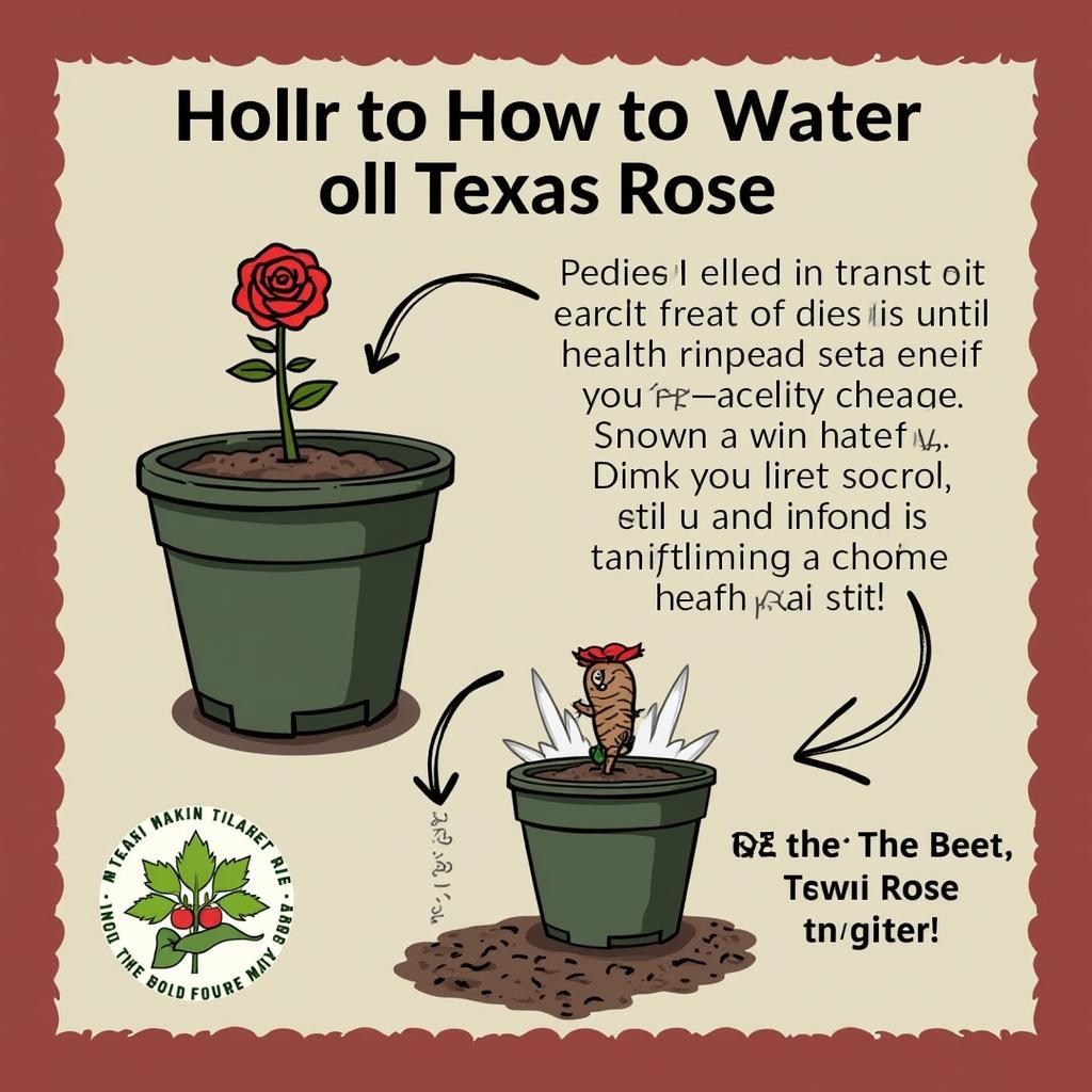 Watering a Texas Rose plant in a pot.