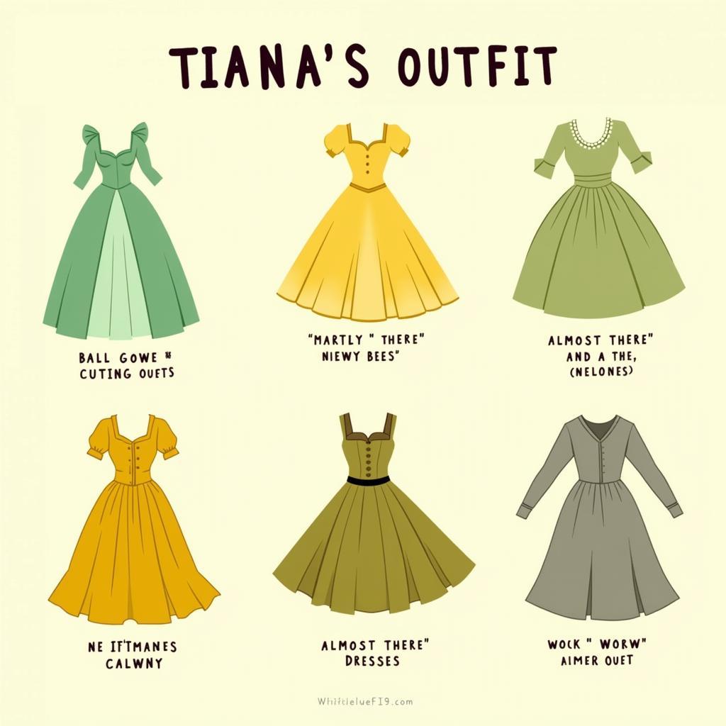 Color palette of Tiana's various dresses in The Princess and the Frog, showing light green, yellow, and beige tones.