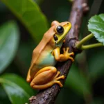 Tree frog demonstrating camouflage through color change in a natural habitat