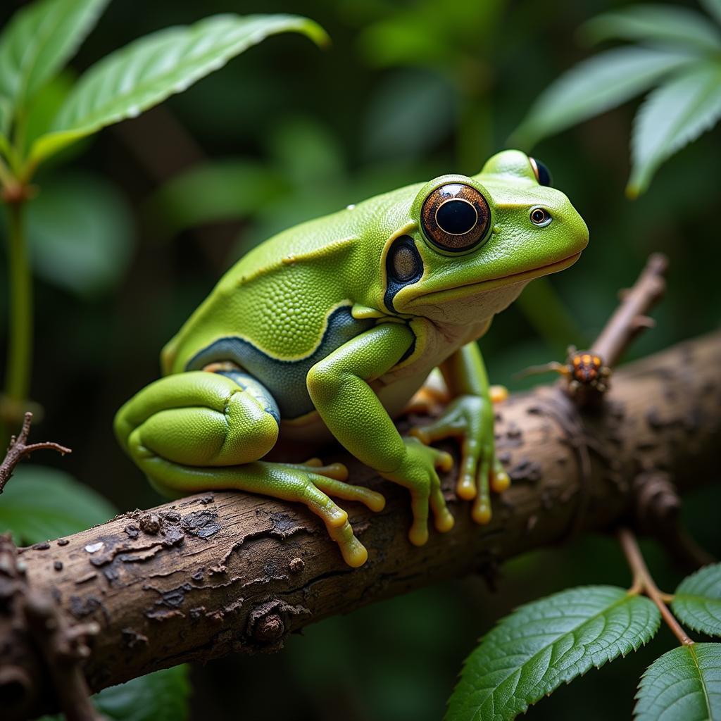 Tree frog using camouflage to evade predators and ambush prey