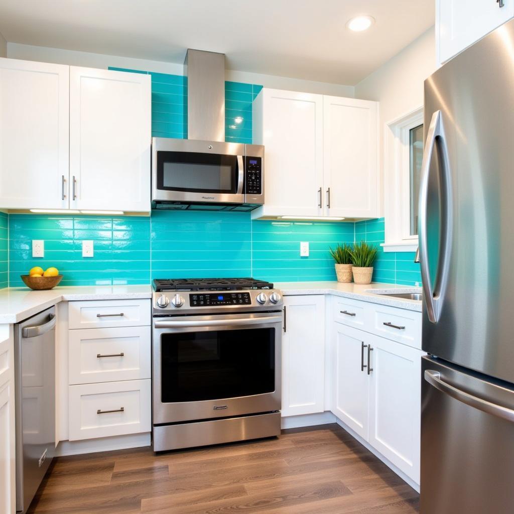 Turquoise Kitchen with White Cabinets