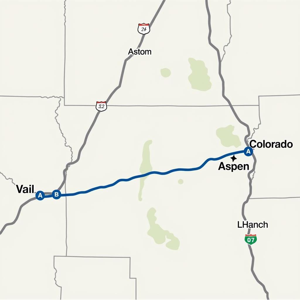 Map showing the distance between Vail and Aspen, Colorado