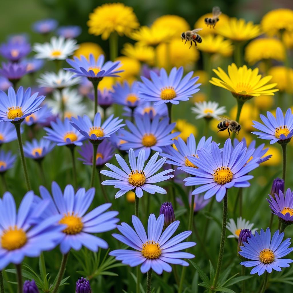 Variety of colored flowers attracting bees