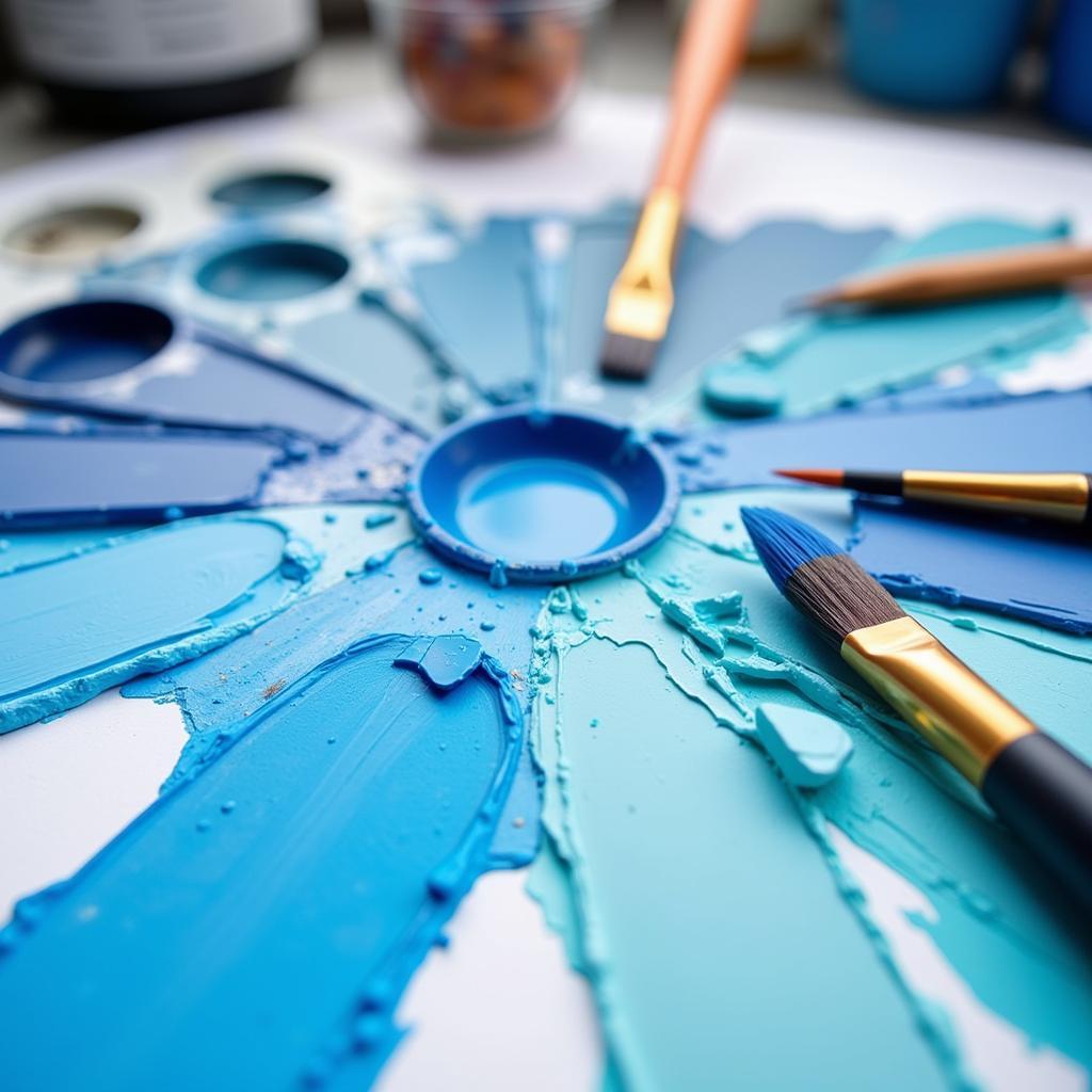 Various Shades of Blue Paint, Brushes, and Artist Palette