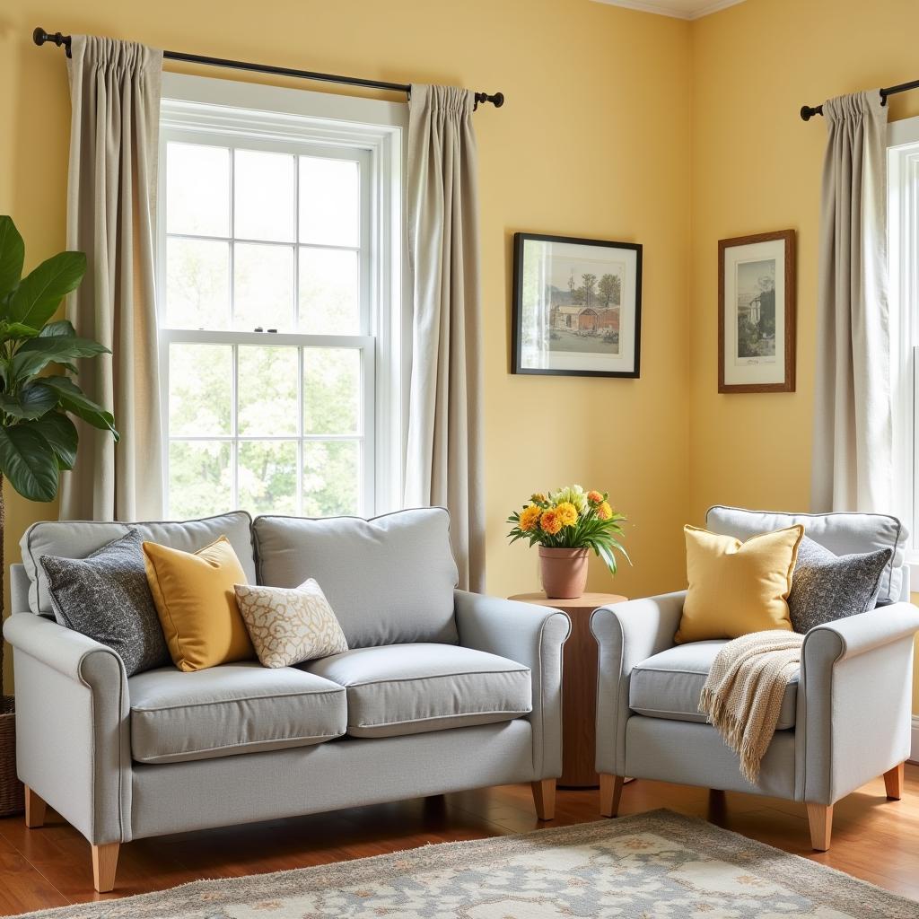 Warm gray living room with yellow walls