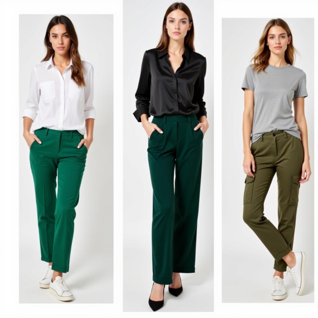 White, Black, and Gray Shirts with Green Pants