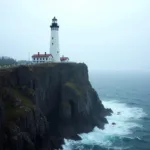 White Lighthouse Against Dark Cliff