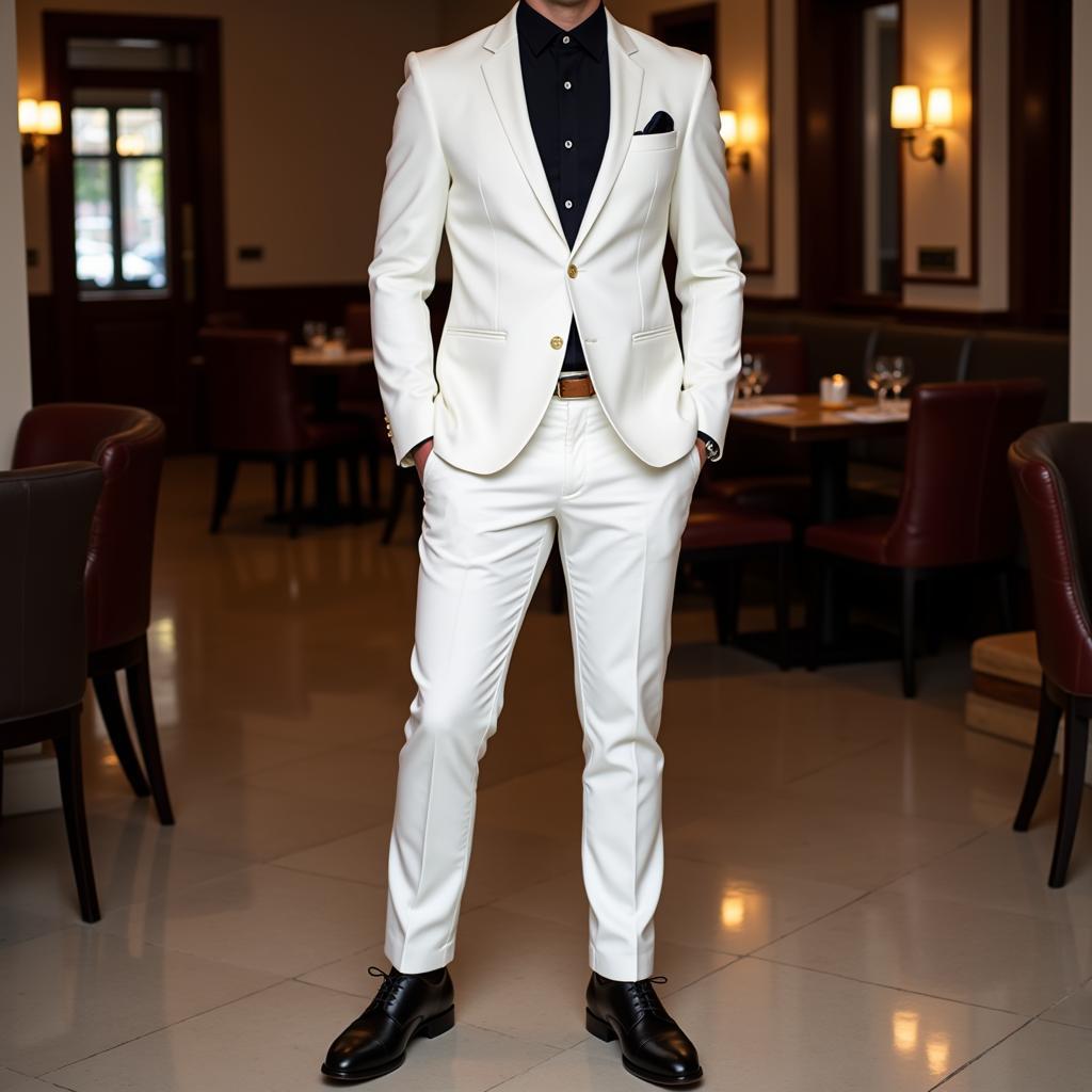 A man in a white suit with black shoes for a formal look