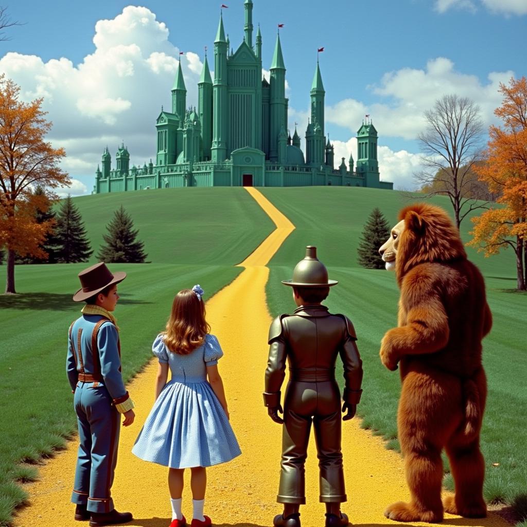 Dorothy and her companions in the vibrant Emerald City from The Wizard of Oz.